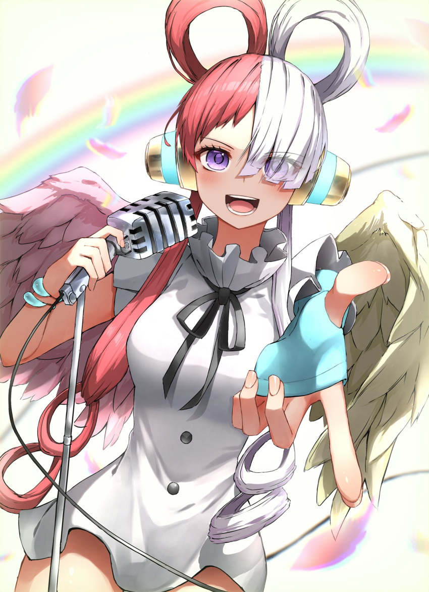 1girl bangs breasts dress eyelashes feathered_wings fingerless_gloves frills gloves hair_over_one_eye headphones highres holding holding_microphone long_hair looking_at_viewer medium_breasts microphone microphone_stand multicolored_hair one_piece one_piece:_film_red open_mouth oversized_clothes pepushi_drow redhead ribbon short_sleeves solo two-tone_hair uta_(one_piece) violet_eyes white_dress white_hair wings