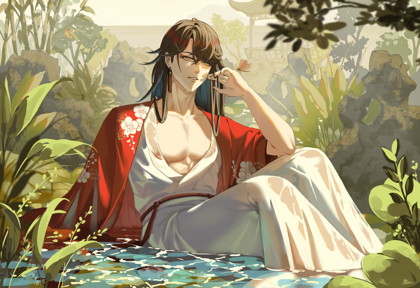1boy absurdres alternate_costume arm_support black_hair dress highres japanese_clothes jewelry kimono kimono_on_shoulders long_hair makeup male_focus multicolored_hair nijisanji nijisanji_en qiaoqiao461 red_eyeliner red_kimono redhead see-through see-through_dress solo virtual_youtuber vox_akuma wet wet_clothes yellow_eyes