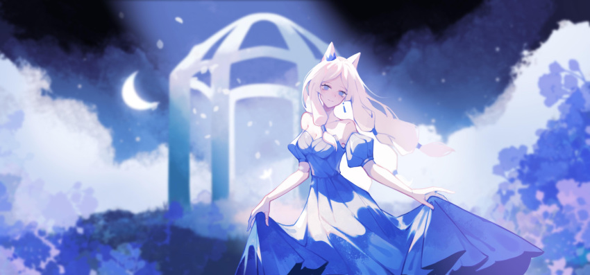 1girl absurdres animal_ears bare_shoulders blue_eyes cat_ears detached_sleeves dress earrings grey_hair highres holding holding_clothes holding_dress jewelry light_smile long_hair looking_at_viewer low-tied_long_hair moon moonlight off-shoulder_dress off_shoulder pu_yo_yo sky:_children_of_the_light solo tassel tassel_earrings teth_(sky:_children_of_the_light) upper_body