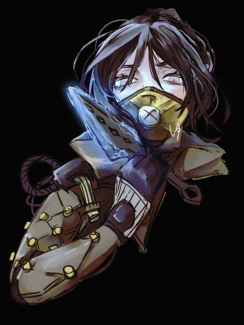 1girl airship_assassin_wraith apex_legends bangs black_background black_hair brown_jacket cable electricity grey_eyes hair_between_eyes hair_bun highres holding holding_knife hong_gua_hua jacket knife kunai mask mouth_mask official_alternate_costume parted_bangs portrait solo weapon wraith's_kunai wraith_(apex_legends)