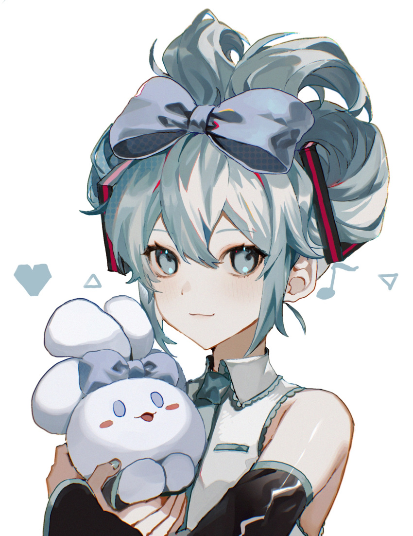 1girl :3 :d aqua_eyes aqua_hair aqua_nails aqua_necktie bangs bare_shoulders black_sleeves blush_stickers bow cinnamiku cinnamoroll closed_mouth commentary crossover detached_sleeves frilled_shirt frilled_shirt_collar frills grey_shirt hair_bow hair_ornament hatsune_miku heart highres holding iwai_ku_tsuki looking_at_another looking_at_viewer musical_note necktie sanrio shirt simple_background smile tied_ears triangle updo upper_body vocaloid white_background wing_collar