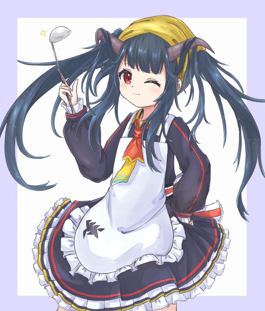 1girl absurdres apron black_horns blue_archive closed_mouth collared_dress demon_horns dress frilled_apron frilled_sleeves frills full_body fuuka_(blue_archive) gobu_toda halo head_scarf highres horns looking_at_viewer necktie one_eye_closed purple_hair red_eyes smile twintails
