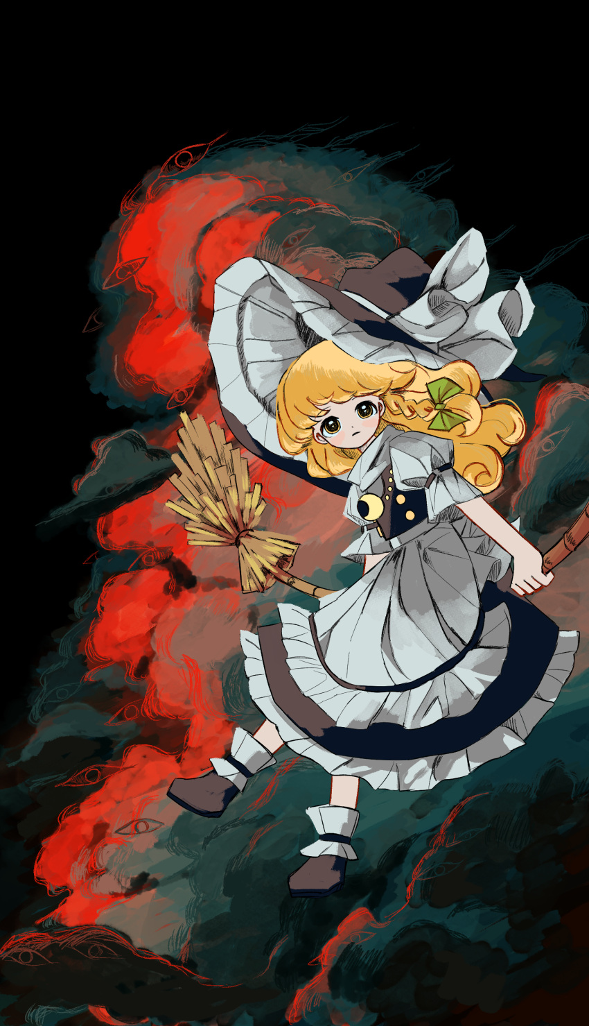 1girl absurdres apron black_footwear black_headwear black_skirt black_vest blonde_hair blush bow braid broom broom_riding closed_mouth clouds commentary floating_hair frilled_skirt frills full_body gap_(touhou) green_bow hair_bow hat hat_bow highres holding holding_broom kirisame_marisa light_frown long_hair looking_at_viewer neruzou puffy_short_sleeves puffy_sleeves shirt shoes short_sleeves single_braid skirt solo touhou vest waist_apron white_apron white_bow white_shirt witch_hat yellow_eyes