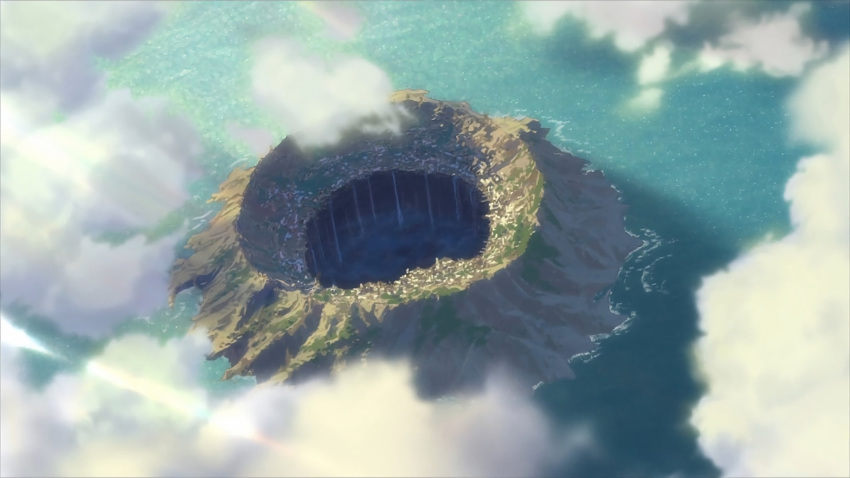 anime_screencap city clouds cloudy_sky highres hole made_in_abyss nature no_humans non-web_source ocean outdoors scenery sky