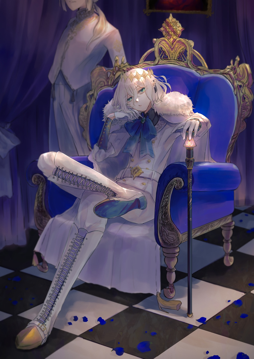 2boys absurdres androgynous blonde_hair blue_eyes boots cane cape crossed_legs crown fur_trim head_rest highres knee_boots long_sleeves looking_at_viewer male_focus multiple_boys original ribbon royal sachikawa sitting throne