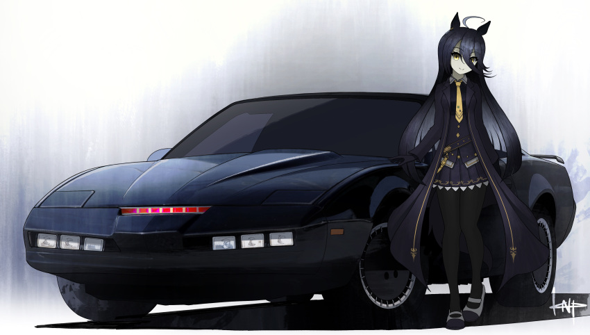 1girl absurdres ahoge animal_ears artist_name bangs belly_chain black_coat black_gloves black_hair black_pantyhose black_shirt black_skirt blouse car closed_mouth coat collared_shirt commentary crossover dress_shirt gloves ground_vehicle hair_between_eyes heel_up highres horse_ears horse_girl horse_tail jewelry k.i.t.t kano_(nakanotakahiro1029) knight_rider long_bangs long_coat long_hair long_sleeves looking_at_viewer manhattan_cafe_(umamusume) mary_janes miniskirt motor_vehicle necktie open_clothes open_coat pantyhose pleated_skirt pontiac_firebird shadow shirt shoes signature skirt smile solo standing tail umamusume wing_collar yellow_eyes yellow_necktie