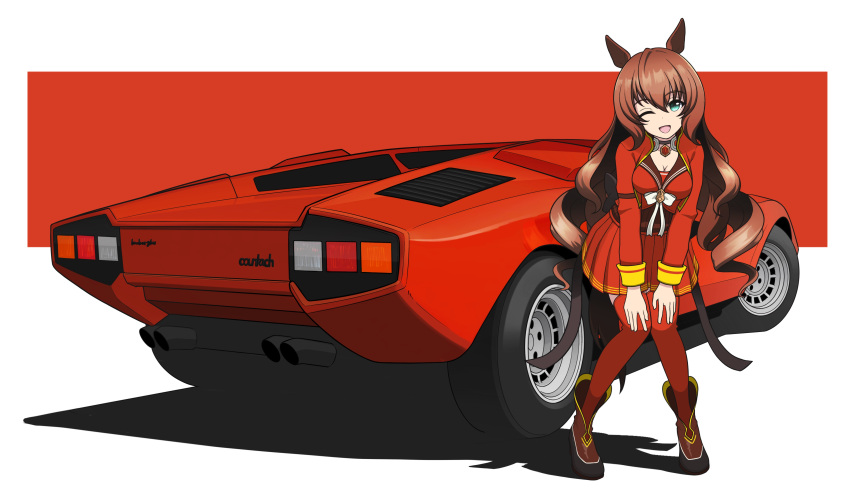 1girl ;d absurdres animal_ears aqua_eyes bangs black_choker boots bow bowtie brown_footwear brown_hair brown_sailor_collar choker closed_mouth cropped_jacket hands_on_own_knees highres horse_ears horse_girl horse_tail jacket jewelry kano_(nakanotakahiro1029) lamborghini_countach leaning_forward logo long_hair long_sleeves looking_at_viewer maruzensky_(umamusume) miniskirt one_eye_closed pendant pleated_skirt red_jacket red_shirt red_skirt red_thighhighs sailor_collar shadow shirt skirt smile solo standing tail thigh-highs thigh_strap umamusume wavy_hair white_bow white_bowtie