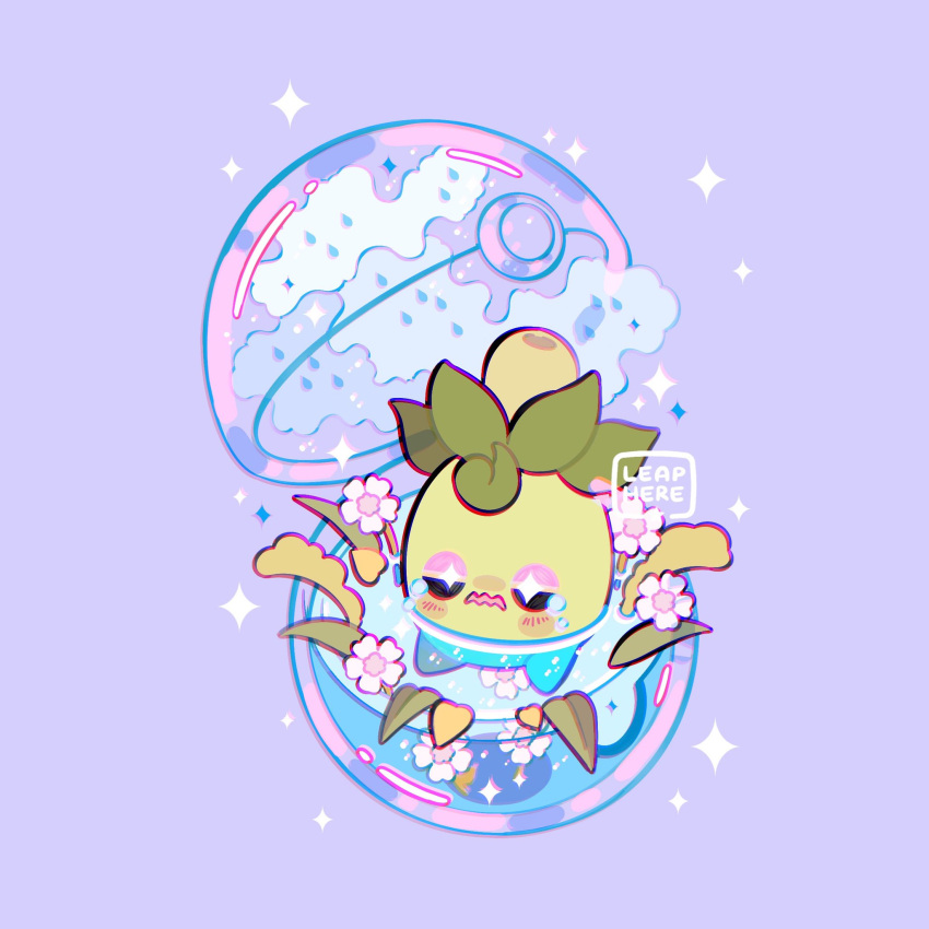 +_+ afloat artist_name blush_stickers capsule commentary crying highres leaphere no_humans pokemon pokemon_(creature) purple_background smoliv solo sparkle tears water watermark wavy_mouth