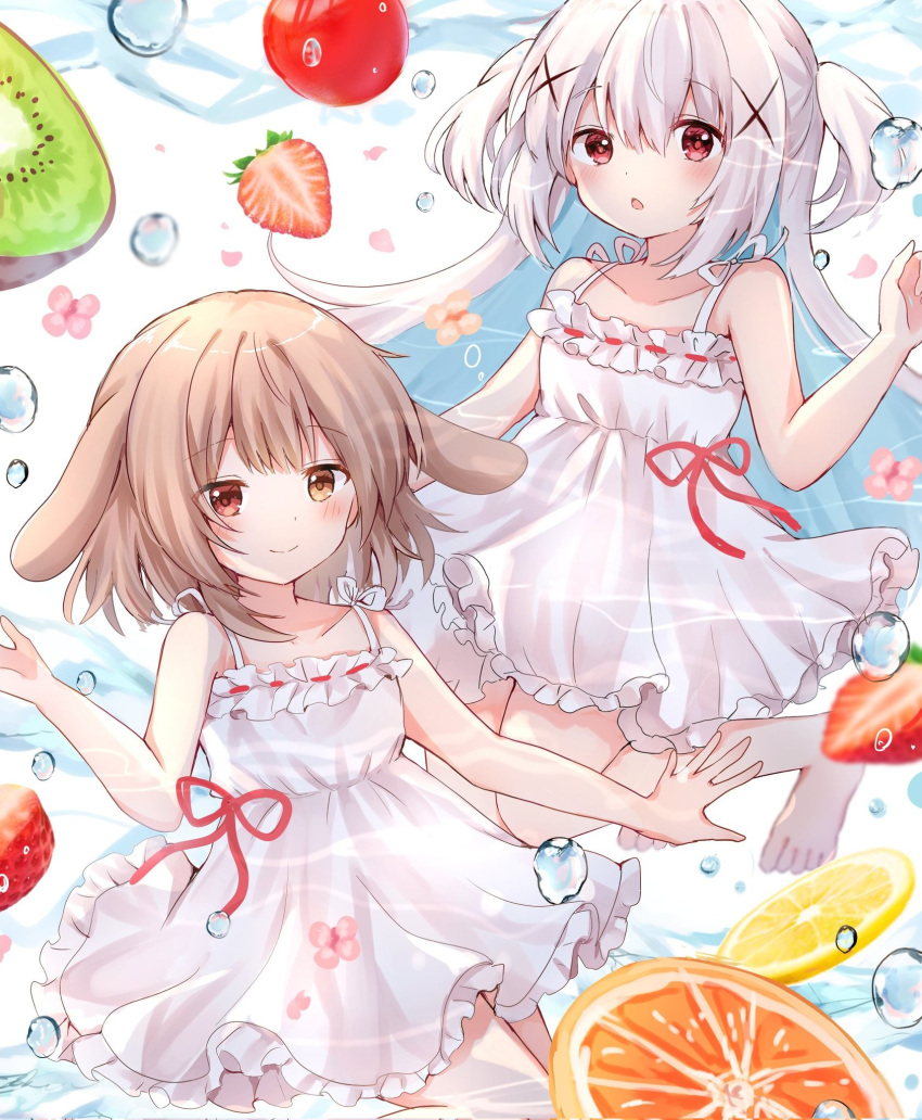 2girls animal_ears arm_up brown_eyes brown_hair dog_ears dog_girl dress food fruit hair_ornament hairclip highres kokoshira_0510 lemon lemon_slice long_hair multiple_girls open_mouth orange_(fruit) orange_slice original pink_hair red_eyes short_hair smile strawberry sundress two_side_up white_dress