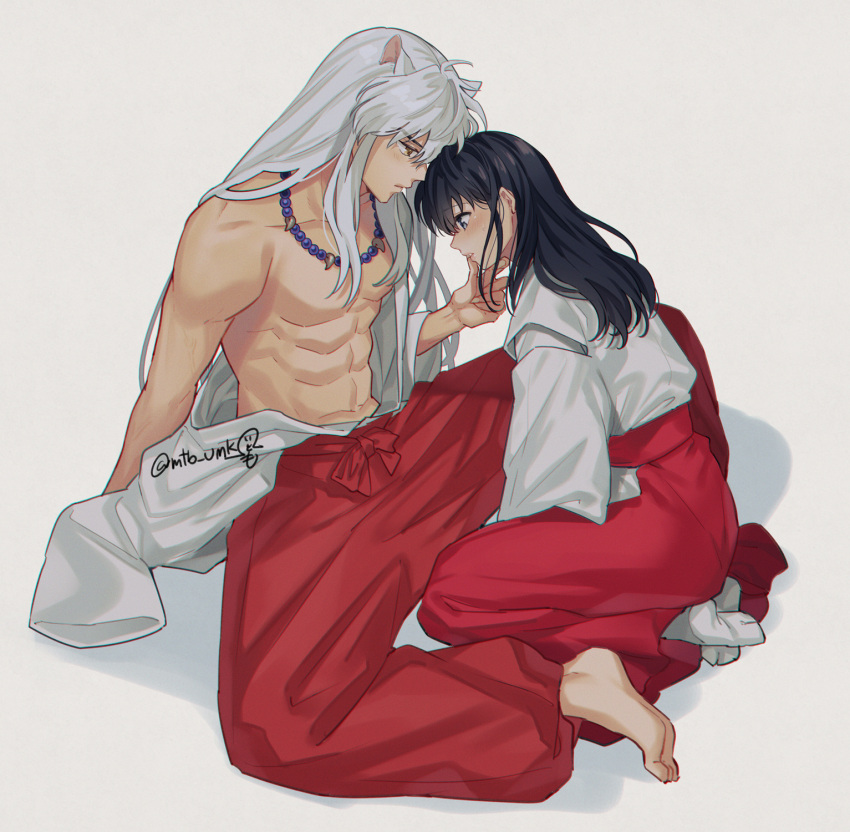 1boy 1girl animal_ears armpits bangs bare_pectorals barefoot bead_necklace beads bishounen black_hair blush collarbone commentary_request dog_boy dog_ears finger_to_another's_mouth grey_background hakama hakama_pants highres higurashi_kagome inuyasha inuyasha_(character) japanese_clothes jewelry lips long_hair looking_at_another male_focus miko motobi_(mtb_umk) muscular navel necklace pants pectorals red_hakama sidelocks simple_background sitting socks sweatdrop topless_male very_long_hair wariza white_hair wide_sleeves yellow_eyes