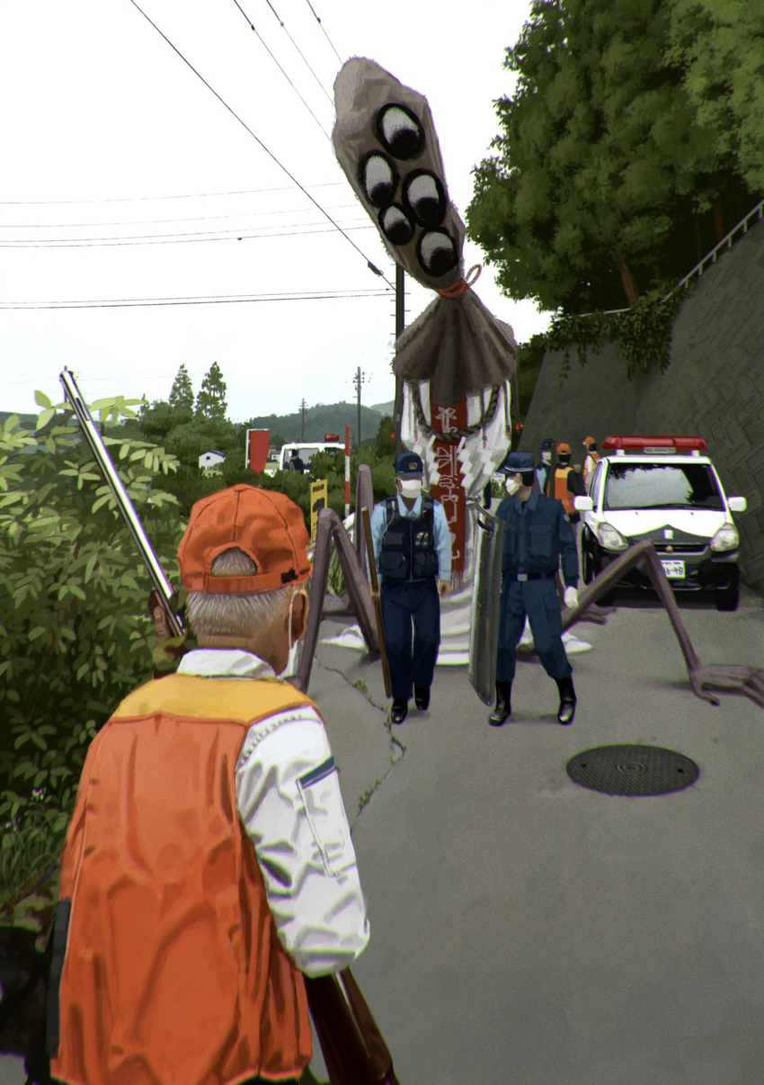 131_nngo 1other car ground_vehicle gun hat highres horror_(theme) mask monster motor_vehicle mouth_mask multiple_boys old old_man original plant police police_car police_hat police_uniform policeman rifle road sign sky street tree uniform weapon