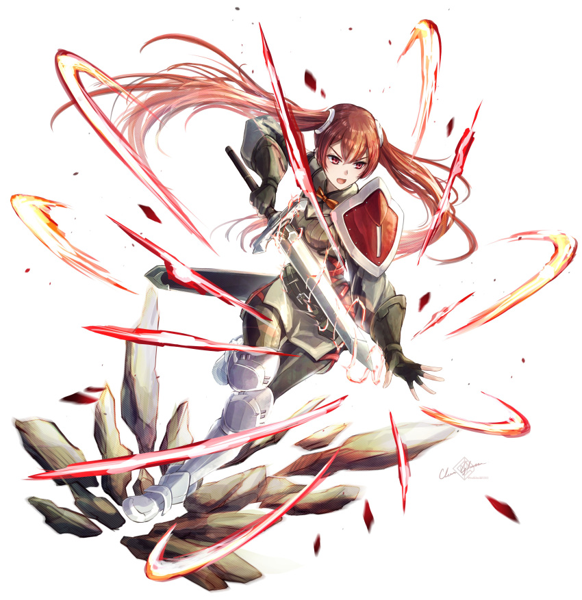 1girl absurdres armored_boots artist_name black_gloves boots breaking clear_glass_(mildmild1311) debris detached_sleeves fighting_stance fingerless_gloves fire_emblem fire_emblem_awakening fire_emblem_heroes full_body gloves glowing hair_flowing_over hand_on_weapon highres holding holding_sword holding_weapon leggings long_hair open_mouth pebble red_eyes redhead rock severa_(fire_emblem) shattered sheath shield shirt signature simple_background sleeveless sleeveless_shirt smile solo standing sword sword_on_back twintails twitter_username v-shaped_eyebrows very_long_hair weapon weapon_on_back white_background white_footwear