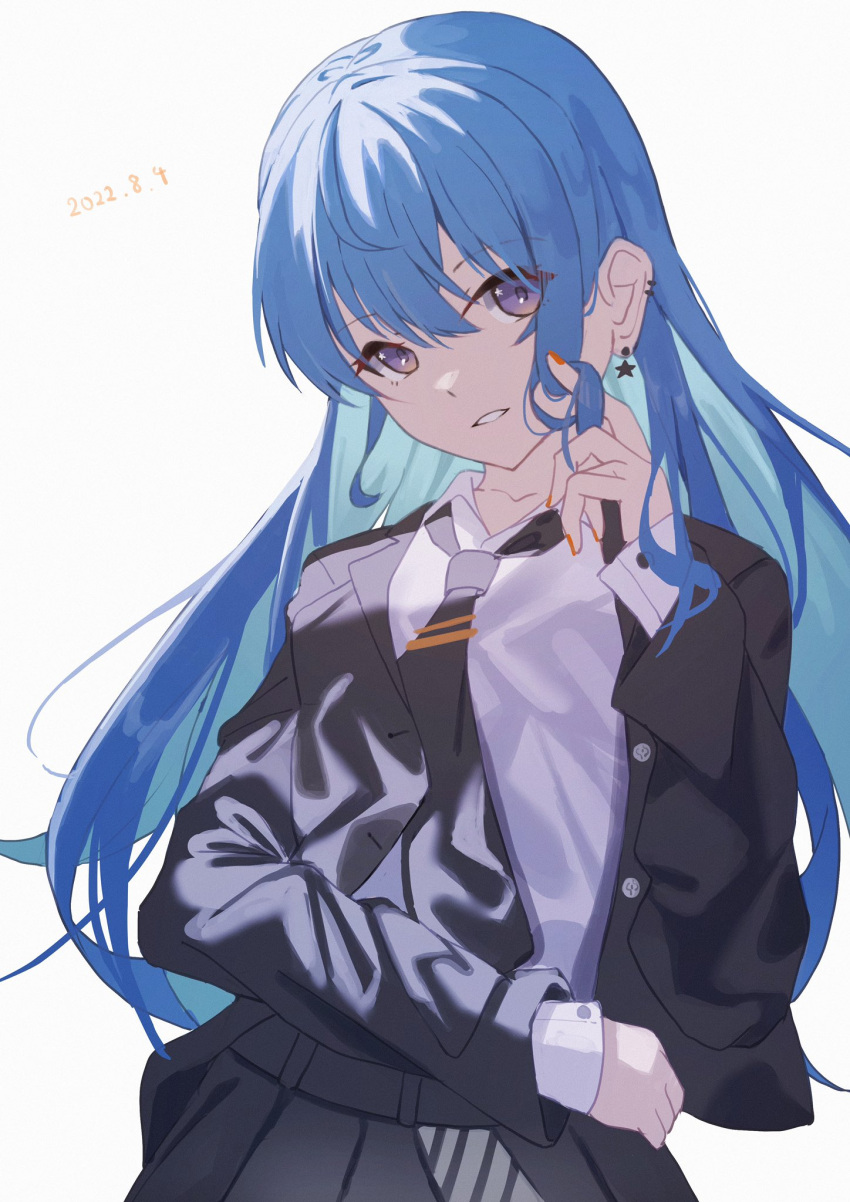 1girl blazer blue_eyes blue_hair collared_shirt dated dress_shirt earrings hair_twirling highres hololive hoshimachi_suisei jacket jewelry long_hair maria_onnette nail_polish necktie orange_nails parted_lips school_uniform shirt simple_background skirt solo star_(symbol) star_earrings tie_clip upper_body virtual_youtuber white_background