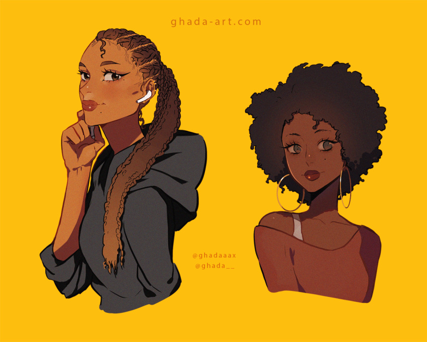 2girls afro airpods artist_name black_hair brown_hair dark-skinned_female dark_skin dreadlocks earrings eyelashes ghadaaax grey_hoodie hair_egdes hood hoodie hoop_earrings jewelry low_neckline mole mole_under_eye mole_under_mouth multiple_girls original red_lips red_shirt shirt smile twitter_username upper_body very_dark_skin wireless_earphones yellow_background