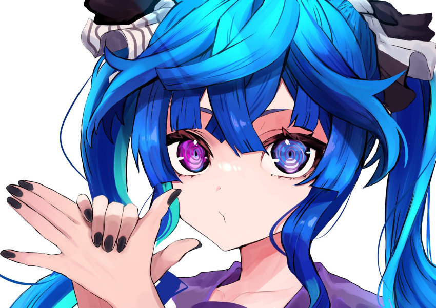 1girl @_@ bangs black_nails blue_eyes blue_hair crossed_bangs hands_up heterochromia highres long_hair looking_at_viewer portrait puckered_lips shadow_puppet simple_background solo toa510 twin_turbo_(umamusume) twintails umamusume violet_eyes white_background