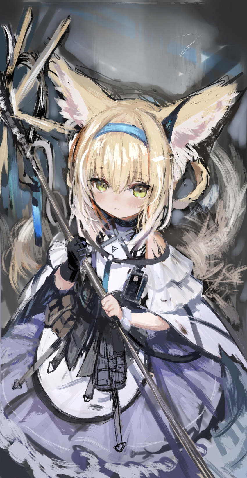 1girl absurdres animal_ear_fluff animal_ears apron arknights bangs bare_shoulders black_gloves blonde_hair blue_hairband blush closed_mouth commentary_request fox_ears fox_girl fox_tail gloves green_eyes hair_between_eyes hair_rings hairband highres holding kitsune light_smile multicolored_hair purple_skirt shiodome_oji shirt single_glove skirt solo suzuran_(arknights) tail two-tone_hair waist_apron white_apron white_hair white_shirt