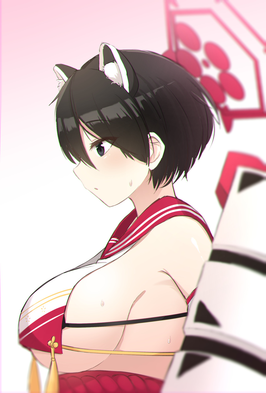 1girl absurdres animal_ears black_eyes black_hair blue_archive blush breasts elbow_gloves from_side gloves highres large_breasts nanju_bami red_gloves revealing_clothes sandals short_hair sideboob tsubaki_(blue_archive) under_boob upper_body very_short_hair
