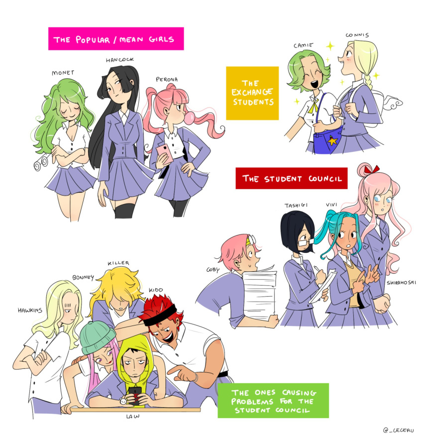 5boys 6+girls ^_^ alternate_costume alternate_universe aqua_hair arm_around_neck backpack bag basil_hawkins beanie black_hair blonde_hair boa_hancock braid braided_ponytail bubble_blowing camie cellphone cesel chewing_gum closed_eyes coby_(one_piece) conis contemporary english_text eustass_captain_kid eyewear_on_head facial_hair glasses goatee green_hair hat headband height_difference high_ponytail highres holding holding_phone hood hood_up jacket jewelry_bonney killer_(one_piece) leaning_forward long_hair long_sleeves looking_at_another monet_(one_piece) multiple_boys multiple_girls nefertari_vivi one_piece open_mouth own_hands_together perona phone pink_hair redhead school_uniform shirahoshi shirt short_sleeves shoulder_bag single_braid skirt smartphone smile tall_female tan tashigi trafalgar_law twintails very_long_hair