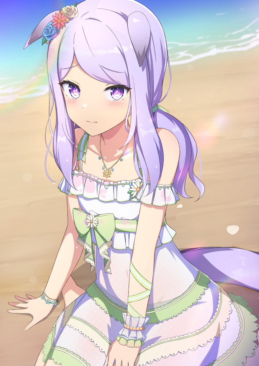 1girl alternate_costume alternate_hairstyle animal_ears blush breasts collarbone commentary_request highres horse_ears horse_girl jewelry long_hair looking_at_viewer mejiro_mcqueen_(umamusume) necklace ocean purple_hair sand small_breasts solo soranishi_hiro umamusume