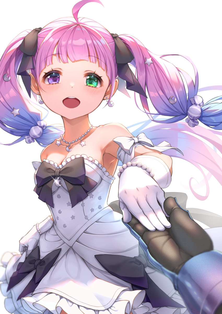 1girl 1other armpit_crease armpit_peek armpits bare_shoulders breasts collarbone dress gloves heterochromia highres himemori_luna holding_hands hololive jewelry looking_at_viewer multicolored_hair necklace open_mouth pink_hair purple_hair small_breasts twintails white_background white_dress yamasan_ossan