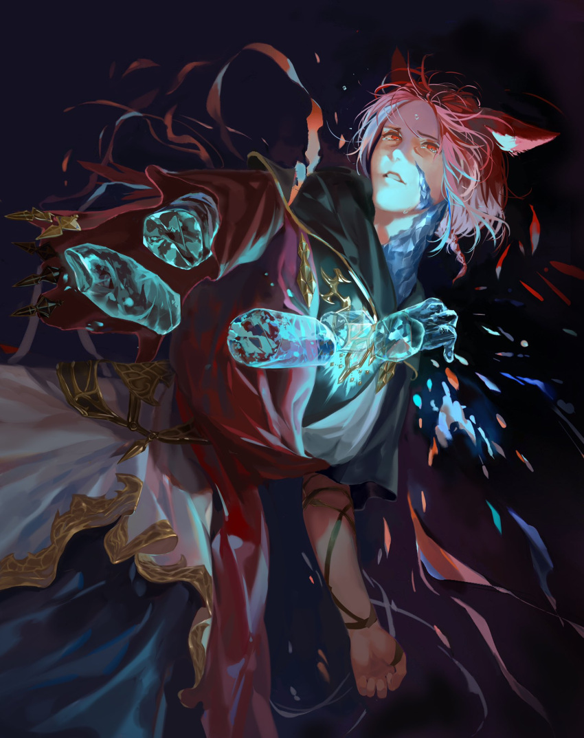 1boy animal_ear_fluff animal_ears black_robe blue_background braid braided_ponytail cat_ears cowboy_shot crying crying_with_eyes_open crystal crystal_exarch crystallization dutch_angle facial_mark final_fantasy final_fantasy_xiv glowing highres hood hood_down hooded_robe kyukyu19 light_particles looking_at_viewer low_ponytail male_focus miqo'te parted_lips red_eyes redhead robe severed_limb shattered short_hair short_ponytail solo tears toga