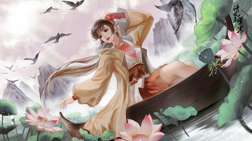 1girl absurdres asymmetrical_gloves bare_legs bird brown_hair canoe clouds cloudy_sky dress flower hair_tie highres jacket lily_pad long_hair looking_to_the_side lotus mountain orange_skirt original ponytail qingfeng_yu_xiao_han sash skirt sky solo teeth upper_body white_dress yellow_jacket