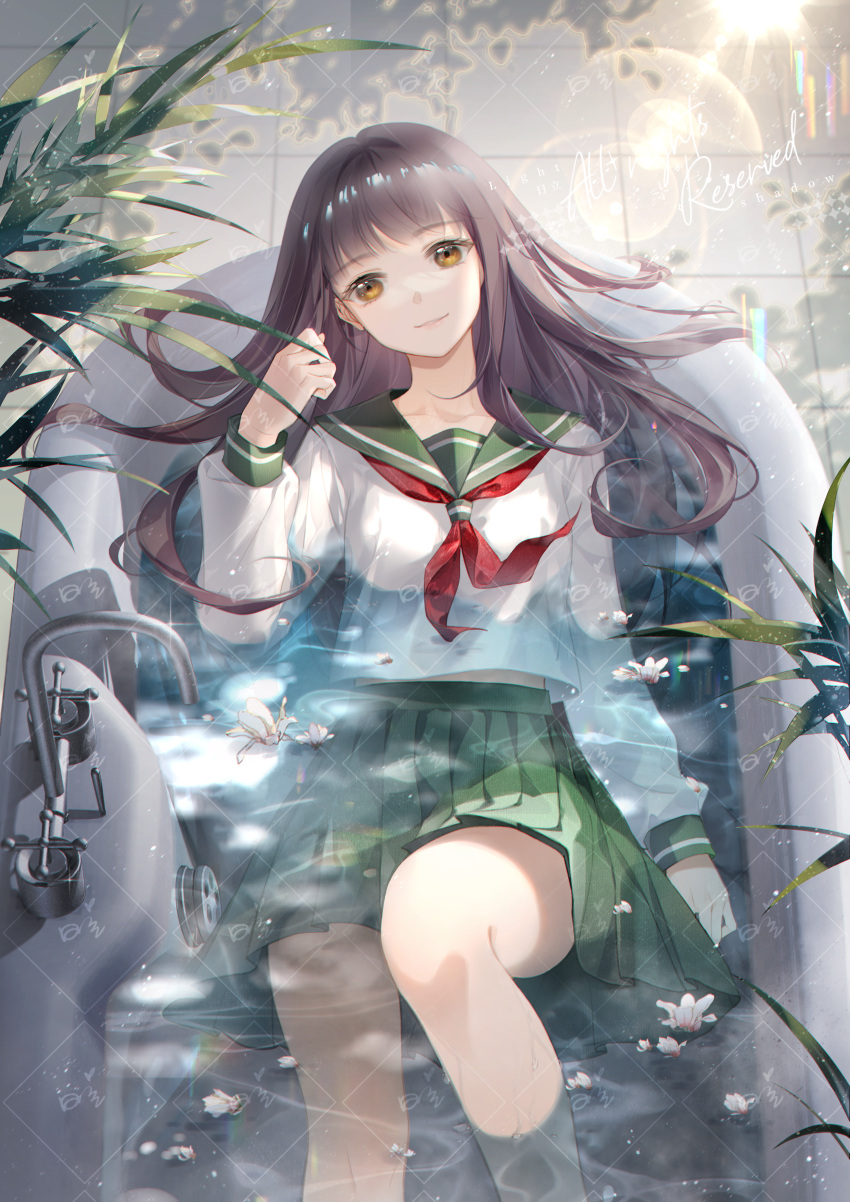 1girl absurdres bathtub black_hair day flower_on_liquid highres higurashi_kagome inuyasha japanese_clothes light_rays light_smile long_hair long_sleeves looking_at_viewer partially_underwater_shot rilideli school_uniform serafuku skirt solo watermark