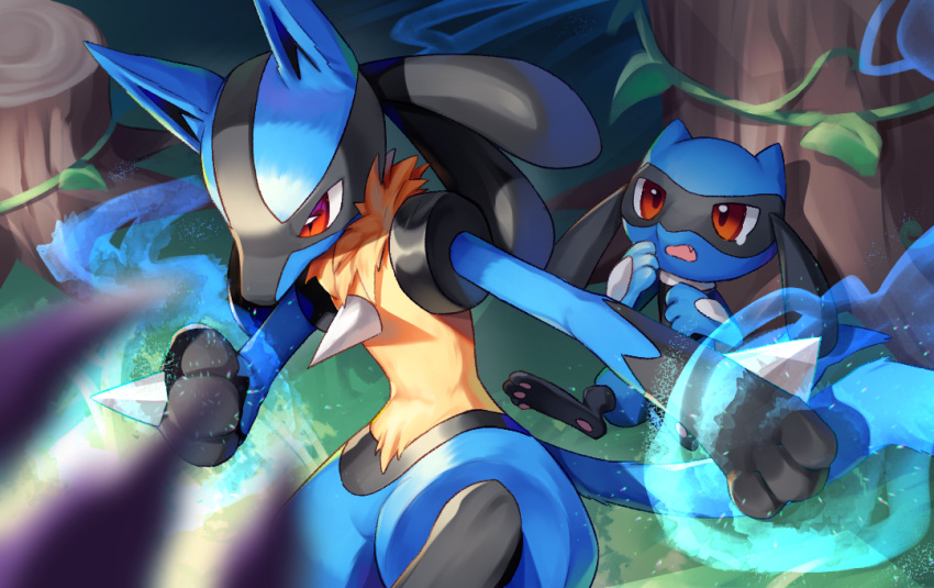 commentary_request fang gunjou_row lucario no_humans open_mouth pokemon pokemon_(creature) red_eyes riolu spikes tree tree_stump
