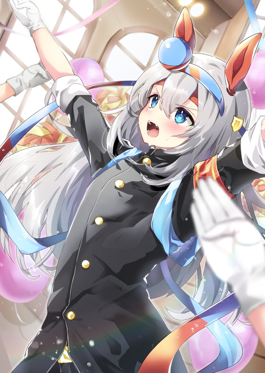 1girl absurdres alternate_costume animal_ears arms_up balloon bangs black_jacket blue_eyes blurry blurry_foreground blush buttons gloves grey_hair hair_between_eyes hairband headband highres horse_ears indoors jacket kotobumi_mugina long_hair open_mouth ouendan out_of_frame outstretched_arms people pom_pom_(cheerleading) sleeves_rolled_up spread_arms standing streamers sweat tamamo_cross_(umamusume) umamusume v-shaped_eyebrows white_gloves window
