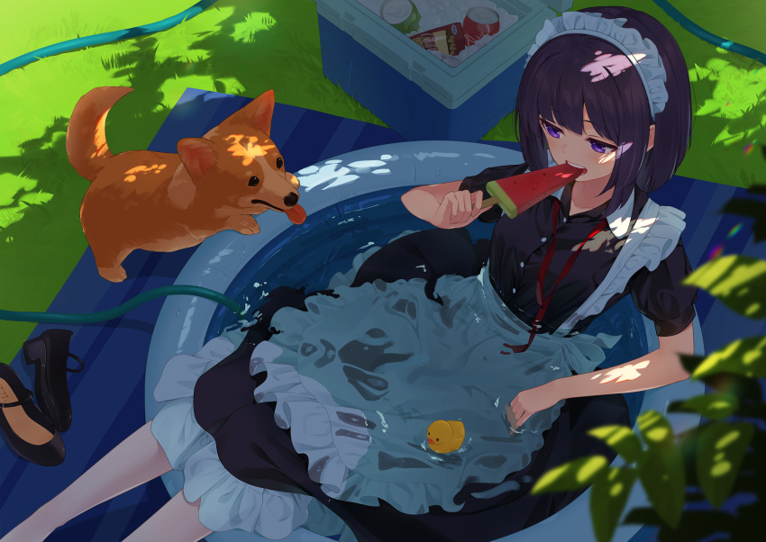 1girl animal apron bangs black_dress black_hair blush can clothed_bath collared_dress commentary_request cooler day dog dress feet_out_of_frame food frilled_apron frilled_dress frills highres holding holding_food hose kanpa_(campagne_9) maid maid_headdress original outdoors partially_submerged popsicle puffy_short_sleeves puffy_sleeves shade short_hair short_sleeves solo teeth upper_teeth violet_eyes wading_pool watermelon_bar wet wet_apron wet_clothes wet_dress white_apron