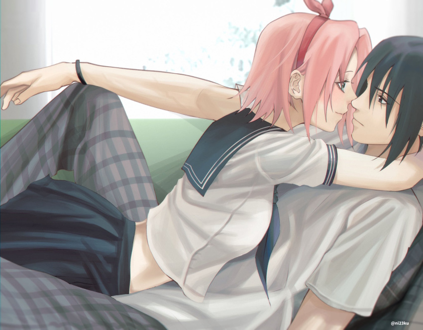 1boy 1girl arm_around_neck black_eyes black_hair breasts eye_contact haruno_sakura hetero highres looking_at_another naruto_(series) naruto_shippuuden niku_(ni23ku) pants pink_hair plaid plaid_pants school_uniform serafuku shirt small_breasts t-shirt twitter_username uchiha_sasuke white_shirt wristband