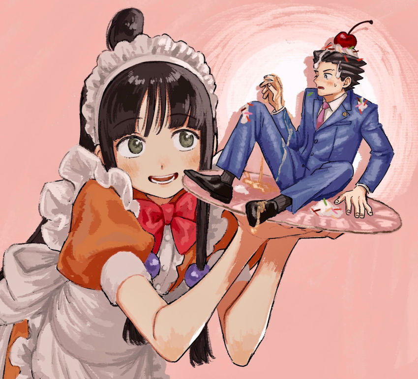 1boy 1girl ace_attorney alternate_costume apron bangs black_hair blue_jacket blue_pants bow bowtie cherry commentary dress food frilled_apron frills fruit green_eyes hair_bobbles hair_ornament half_updo highres holding holding_tray jacket long_hair long_sleeves maya_fey necktie one_eye_closed open_mouth orange_dress pants phoenix_wright pink_necktie puffy_short_sleeves puffy_sleeves red_bow red_bowtie renshu_usodayo short_sleeves simple_background sitting spiky_hair sweat symbol-only_commentary tray whipped_cream white_apron