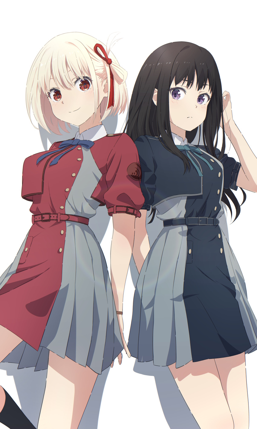 2girls absurdres against_wall bangs belt black_hair blonde_hair blue_dress blue_ribbon breasts camui1104 closed_mouth cowboy_shot dress grey_dress hair_between_eyes hair_ribbon highres inoue_takina leaning long_hair long_sleeves looking_at_viewer looking_to_the_side lycoris_recoil lycoris_uniform medium_breasts multiple_girls neck_ribbon nishikigi_chisato one_side_up pleated_dress red_belt red_dress red_eyes red_ribbon ribbon school_uniform shadow short_hair smile thighs two-tone_dress violet_eyes white_background