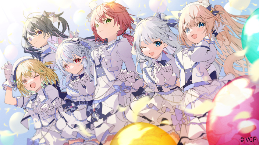 6+girls amane_luna_(vtuber) animal_ears bangs black_hair blonde_hair blue_eyes blue_hair breasts cat_ears green_eyes hair_between_eyes hair_ornament hanazono_serena highres hiseki_erio jacket kagura_gumi kagura_mea long_hair looking_at_viewer multicolored_hair multiple_girls nhot_bot open_mouth pink_hair ponytail red_eyes redhead sa_jitsu seira_mint smile twintails uzume_(vtuber) very_long_hair violet_eyes virtual_youtuber