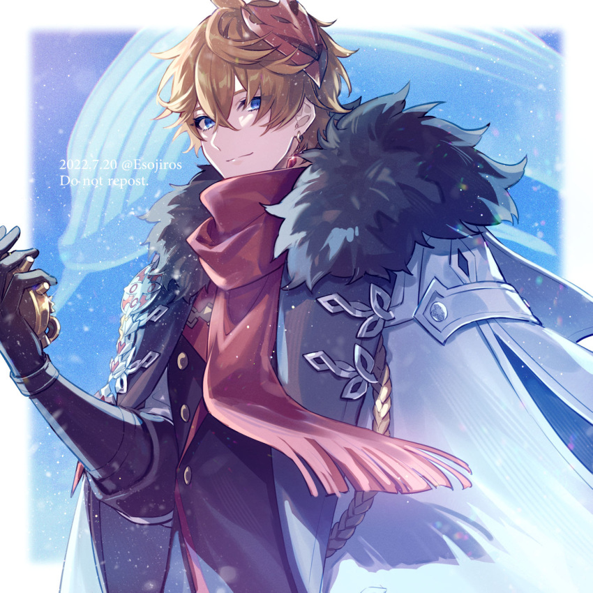 1boy aiguillette amaichi_esora artist_name bangs black_gloves black_jacket blue_eyes border buttons closed_mouth coat coat_on_shoulders commentary_request dated earrings eyelashes fur-trimmed_coat fur_trim genshin_impact glint gloves hair_between_eyes hand_up highres holding jacket jewelry light_particles long_sleeves looking_at_viewer male_focus mask mask_on_head orange_hair outside_border red_mask red_scarf scarf short_hair single_earring smile smirk solo tartaglia_(genshin_impact) twitter_username upper_body whale white_border white_coat