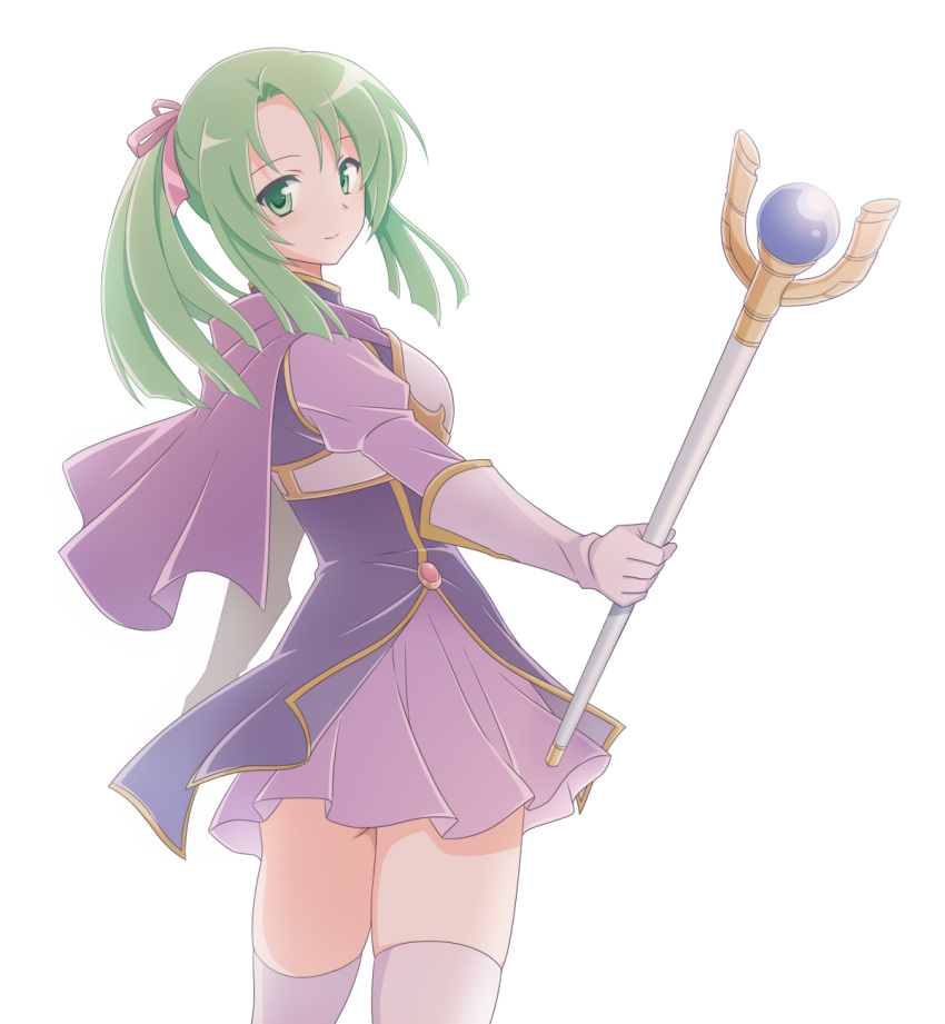 1girl alternate_costume alternate_hairstyle armor breastplate capelet cecilia_(fire_emblem) dress fire_emblem fire_emblem:_the_binding_blade gloves green_eyes green_hair hair_ribbon ham_pon highres holding holding_staff long_sleeves looking_at_viewer looking_back medium_hair ponytail purple_capelet purple_dress purple_thighhighs ribbon simple_background smile solo staff thigh-highs white_background white_gloves younger zettai_ryouiki