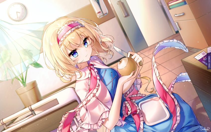 1girl alice_margatroid artist_name blonde_hair blue_dress blue_eyes blush capelet clock closed_mouth commission dress food fruit hairband holding holding_food holding_fruit holding_knife knife lolita_hairband pear pudding_(skymint_028) red_hairband short_hair signature smile solo touhou wall_clock white_capelet