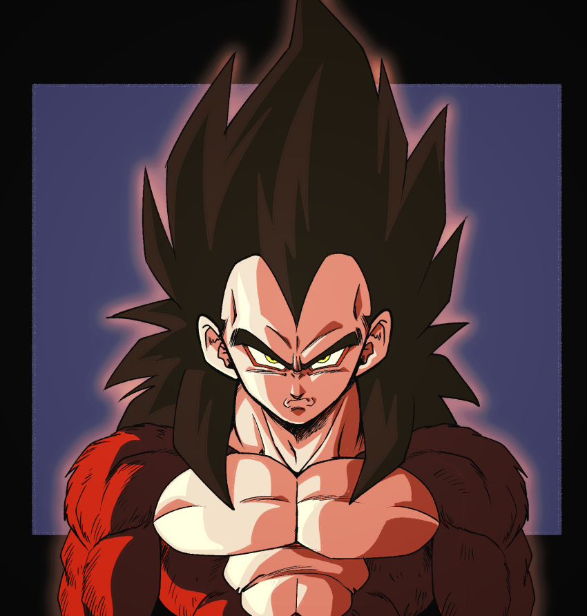 1boy abs bare_arms bare_back body_fur dragon_ball dragon_ball_gt fenyon highres large_pectorals looking_at_viewer male_focus monkey_boy muscular muscular_male no_shirt pectorals red_fur scowl vegeta widow's_peak yellow_eyes