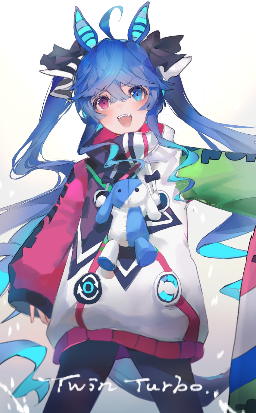 1girl :d :x ahoge animal_ears aqua_eyes arm_at_side bangs black_bow black_leggings black_scrunchie blue_hair bow character_name cowboy_shot drill_hair green_hoodie heterochromia highres hood hood_down hoodie horse_ears horse_girl horse_tail leggings light_blush long_hair long_sleeves looking_at_viewer multicolored_clothes multicolored_hoodie pink_eyes pink_hoodie scrunchie sharp_teeth sleeves_past_wrists smile solo standing stuffed_animal stuffed_toy tail taoer. teeth twin_turbo_(umamusume) twintails umamusume white_background white_hoodie