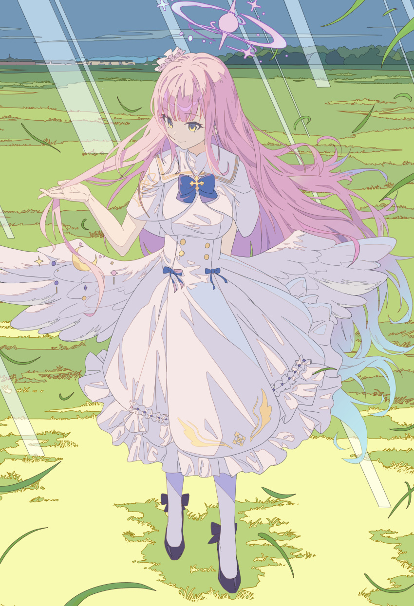 1girl absurdres arm_at_side bangs black_footwear blue_archive capelet closed_mouth dress full_body grass halo hand_up high_heels highres holding holding_hair long_hair low_wings mika_(blue_archive) outdoors pink_hair sailor_collar short_sleeves smile solo standing thigh-highs white_dress white_thighhighs wind wings yellow_eyes yu_yin