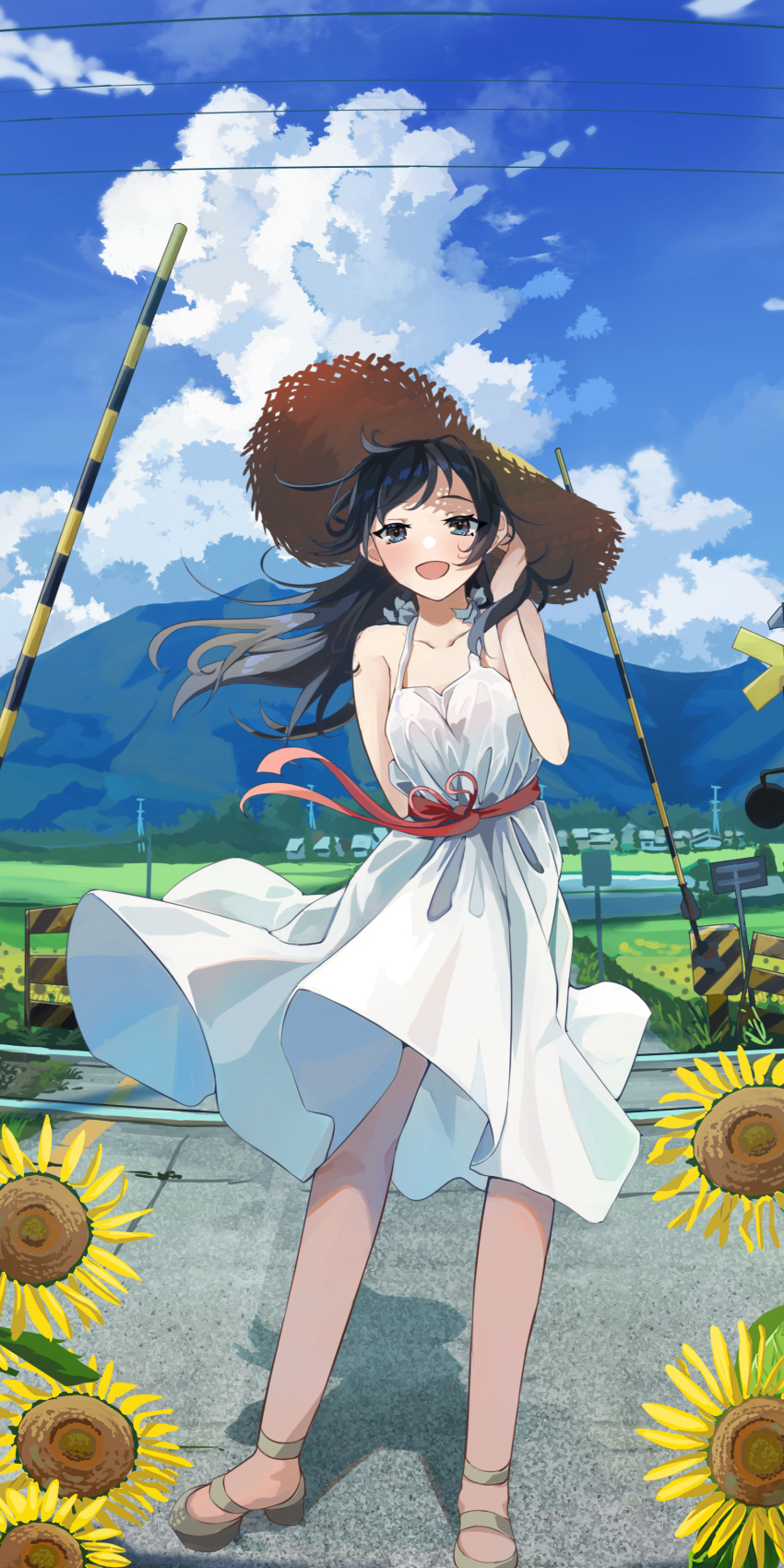 1girl :d absurdres black_hair blue_eyes blue_sky clouds collarbone commentary_request day dress full_body hat highres long_hair mountain open_mouth original outdoors railroad_crossing rice_paddy sakatsuki_yakumo scenery shadow sky sleeveless sleeveless_dress smile solo standing straw_hat summer white_dress