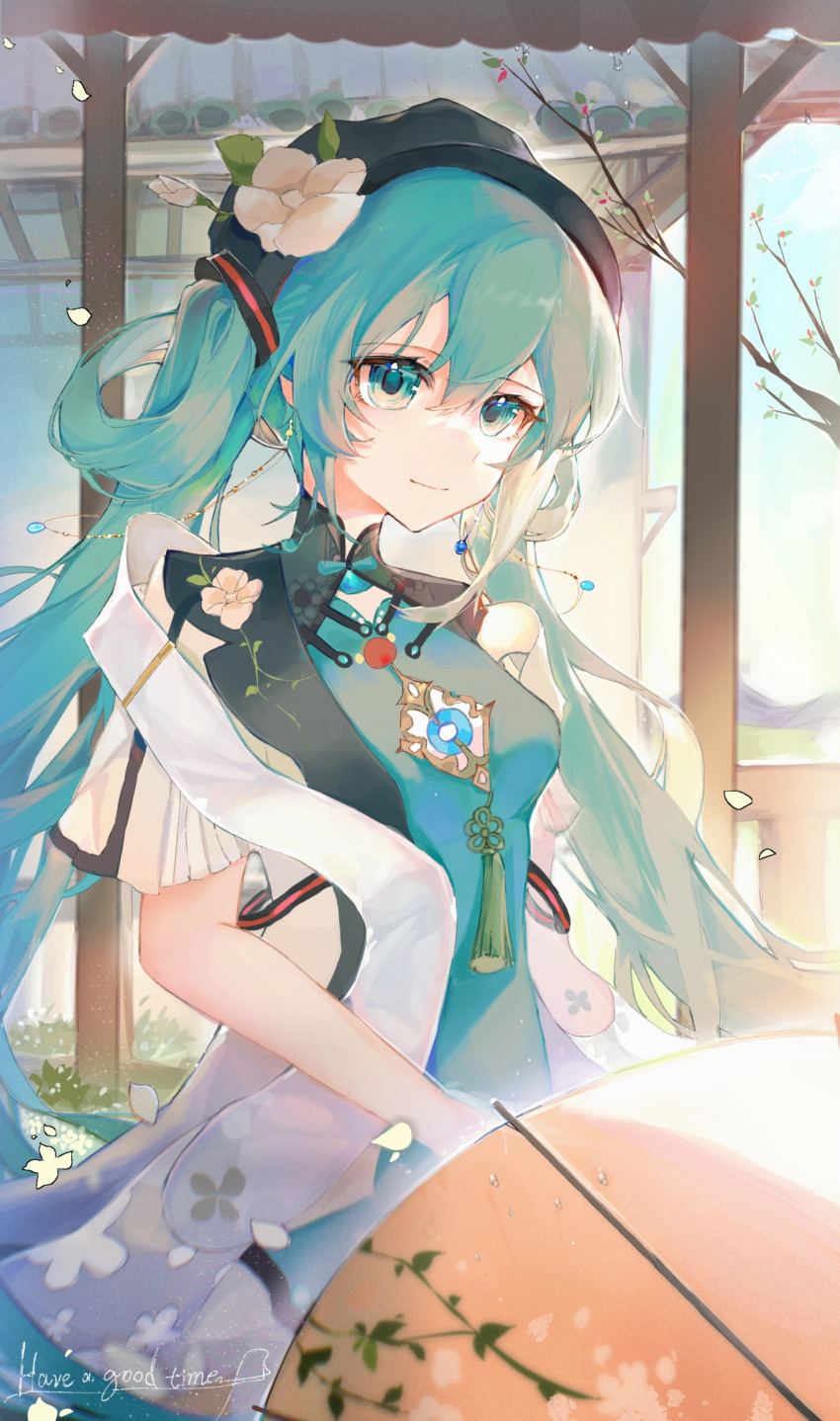 1girl absurdres aqua_dress aqua_eyes aqua_hair bangs black_headwear branch bud china_dress chinese_clothes dress english_text falling_petals floral_print flower grass hat hat_flower hatsune_miku highres jewelry light_smile looking_at_viewer mountainous_horizon pendant petals rooftop short_sleeves sitting solo taoer. twintails vocaloid white_flower