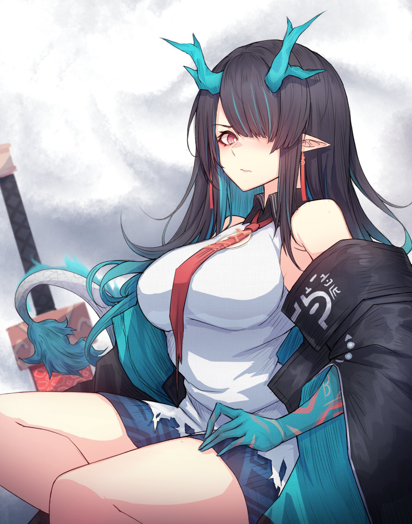 1girl absurdres arknights breasts copyright_request dragon_tail dusk_(arknights) highres horns large_breasts looking_at_viewer rikuguma scales solo tail