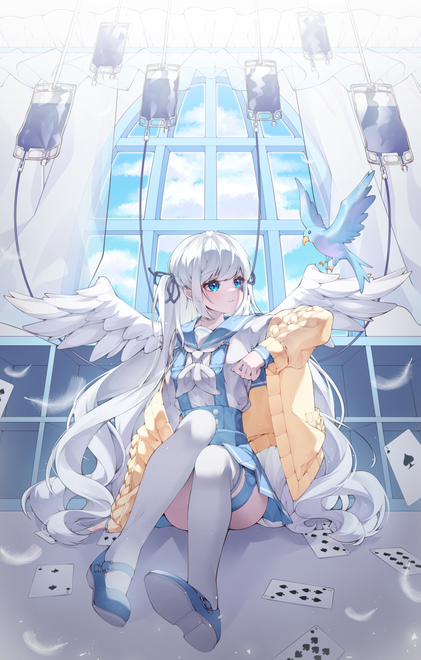 1girl absurdres angel_wings aqua_eyes bangs beak blue_bird blue_ribbon blue_sky bookshelf buttons card character_request closed_mouth clouds cloudy_sky copyright_request drill_hair falling_feathers feathers hair_ribbon highres hyunnim01 indoors intravenous_drip knees_up long_hair long_sleeves looking_to_the_side mary_janes neckerchief overalls playing_card ribbon shirt shoes sidelocks sitting sky solo thigh-highs thigh_strap twintails vignetting white_feathers white_hair white_neckerchief white_shirt white_thighhighs window wings