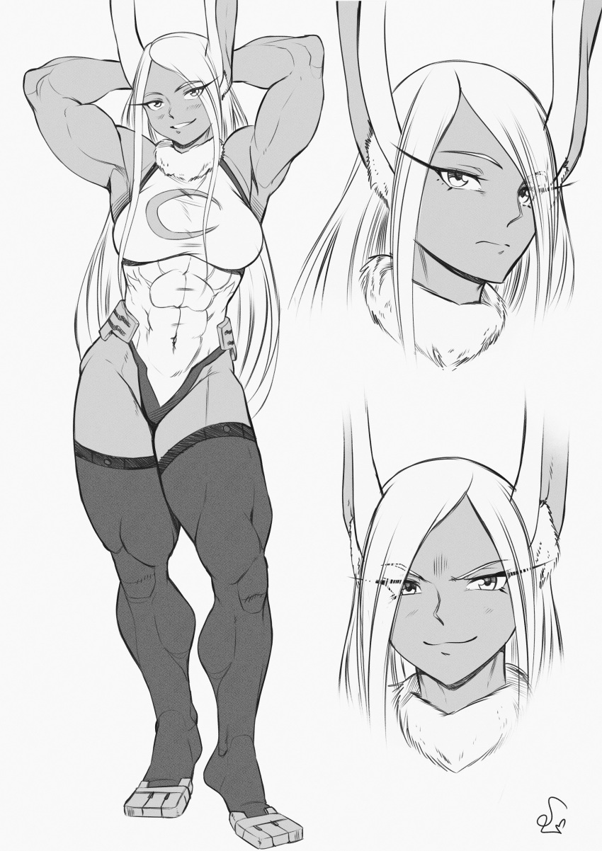 1girl abs absurdres animal_ear_fluff animal_ears armpits arms_behind_head arms_up bangs biceps boku_no_hero_academia breasts crescent_print dark-skinned_female dark_skin expressionless facing_viewer forehead fur-trimmed_collar greyscale grin groin highres impossible_clothes impossible_leotard leotard long_eyelashes long_hair looking_at_viewer medium_breasts mirko monochrome multiple_views muscular muscular_female navel outline parted_bangs rabbit_ears sidelocks sideways_glance signature simple_background sketch skin_tight smile smirk solo speedl00ver standing taut_leotard thick_thighs thigh-highs thighs very_long_hair white_background