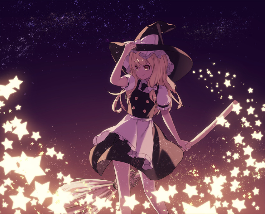 1girl apron black_bow black_bowtie black_headwear black_skirt black_vest blonde_hair bow bowtie breasts broom buttons feet_out_of_frame frilled_apron frills hair_bow hand_on_headwear hat hat_bow kirisame_marisa kushibi long_hair looking_away puffy_short_sleeves puffy_sleeves shadow shirt short_sleeves skirt skirt_set sky small_breasts smile solo star_(sky) star_(symbol) starry_sky touhou vest waist_apron white_apron white_bow white_shirt witch_hat yellow_eyes
