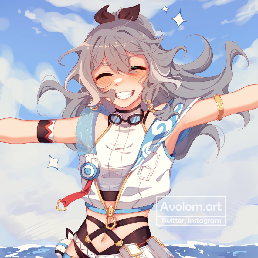 1girl :d artist_name bangs black_hair blue_sky closed_eyes clouds cloudy_sky fu_hua fu_hua_(herrscher_of_sentience) goggles goggles_around_neck grin highres honkai_(series) honkai_impact_3rd long_hair moody_avocado navel outdoors outstretched_arms ponytail sky smile solo summer_uniform teeth upper_body water