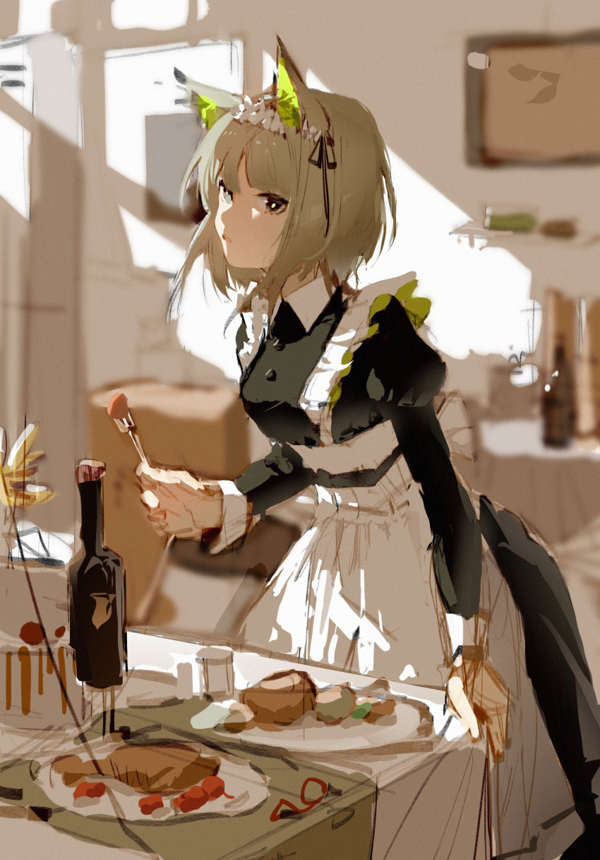 1girl akira12504 alternate_costume animal_ear_fluff animal_ears apron arknights black_dress blurry blurry_background bottle breasts brown_eyes brown_hair depth_of_field dress enmaided food fork frilled_apron frills highres holding holding_fork indoors juliet_sleeves kal'tsit_(arknights) long_sleeves looking_at_viewer maid medium_breasts parted_lips plate puffy_sleeves sketch solo table white_apron wine_bottle