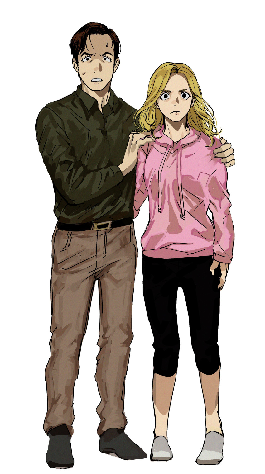 1boy 1girl absurdres belt better_call_saul blonde_hair couple full_body green_shirt hands_on_another's_shoulders highres kim_wexler ma2_ereki pants pink_sweater saul_goodman scared shirt shoes surprised sweat sweater track_pants