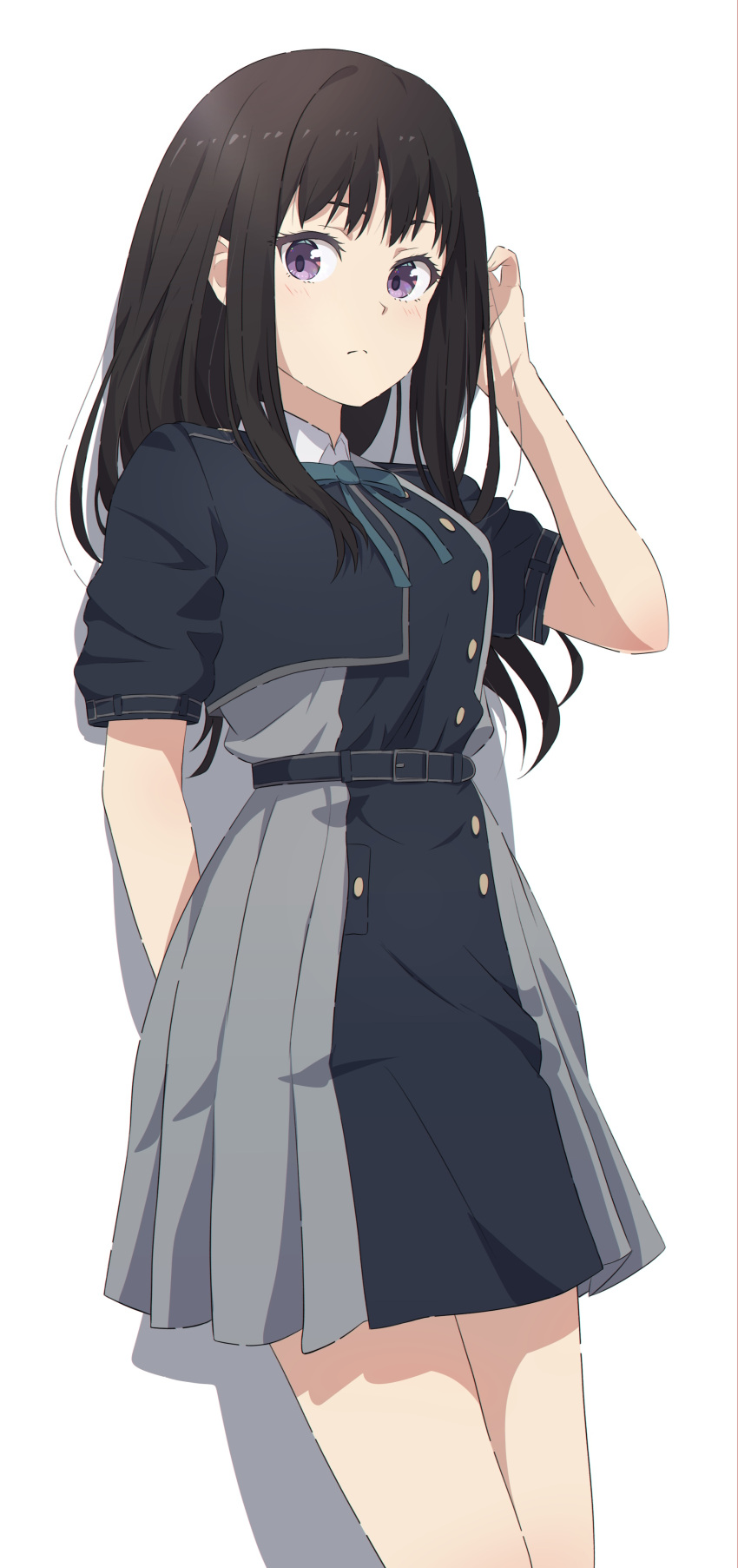 1girl absurdres bangs black_hair blue_dress breasts camui1104 dress grey_dress hair_between_eyes highres inoue_takina long_hair long_sleeves looking_to_the_side lycoris_recoil lycoris_uniform medium_breasts pleated_dress school_uniform solo two-tone_dress violet_eyes white_background
